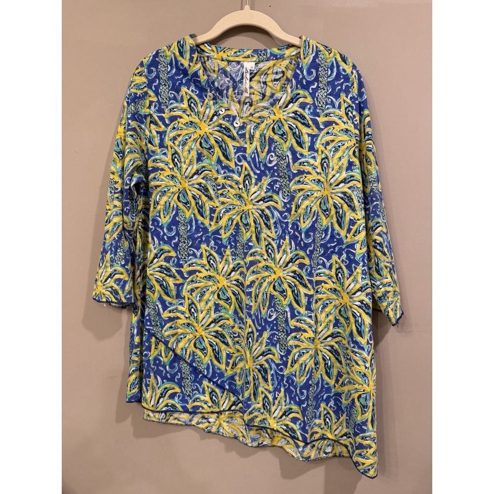 Lulu B Asymmetrical Palm Tree Blue Green Tunic Top Medium Vacation Colorful‎